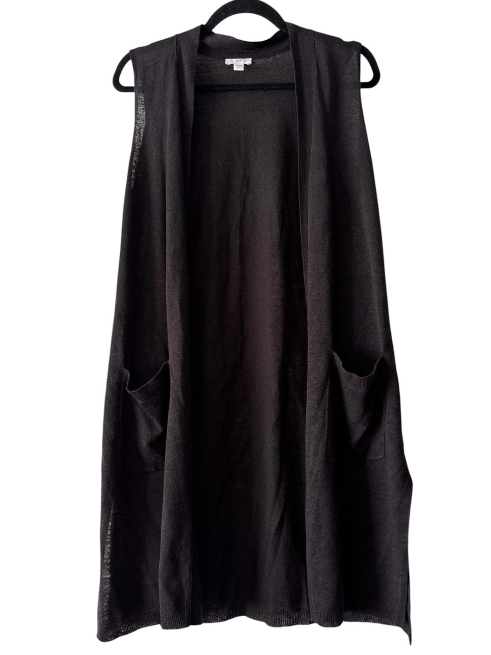 J Jill Linen Duster Vest Cardigan Pockets Long Black Open Front Knit M Petite